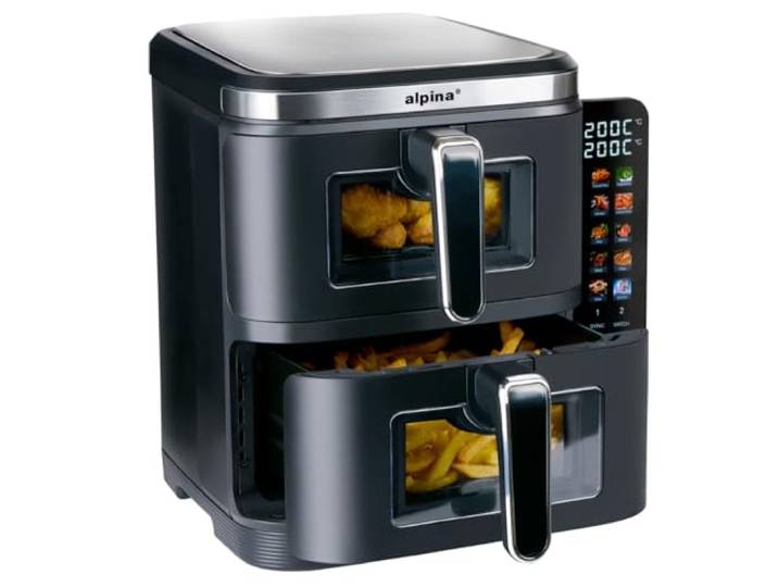 alpina Air Fryer Double XXL - Airfryer 11L - Friteuse à air chaud avec 2 paniers - Four duo pour 8 personnes - Écran pliable - Fonction minuterie jusqu’à 60 minutes - Température 60-200°C - Noir