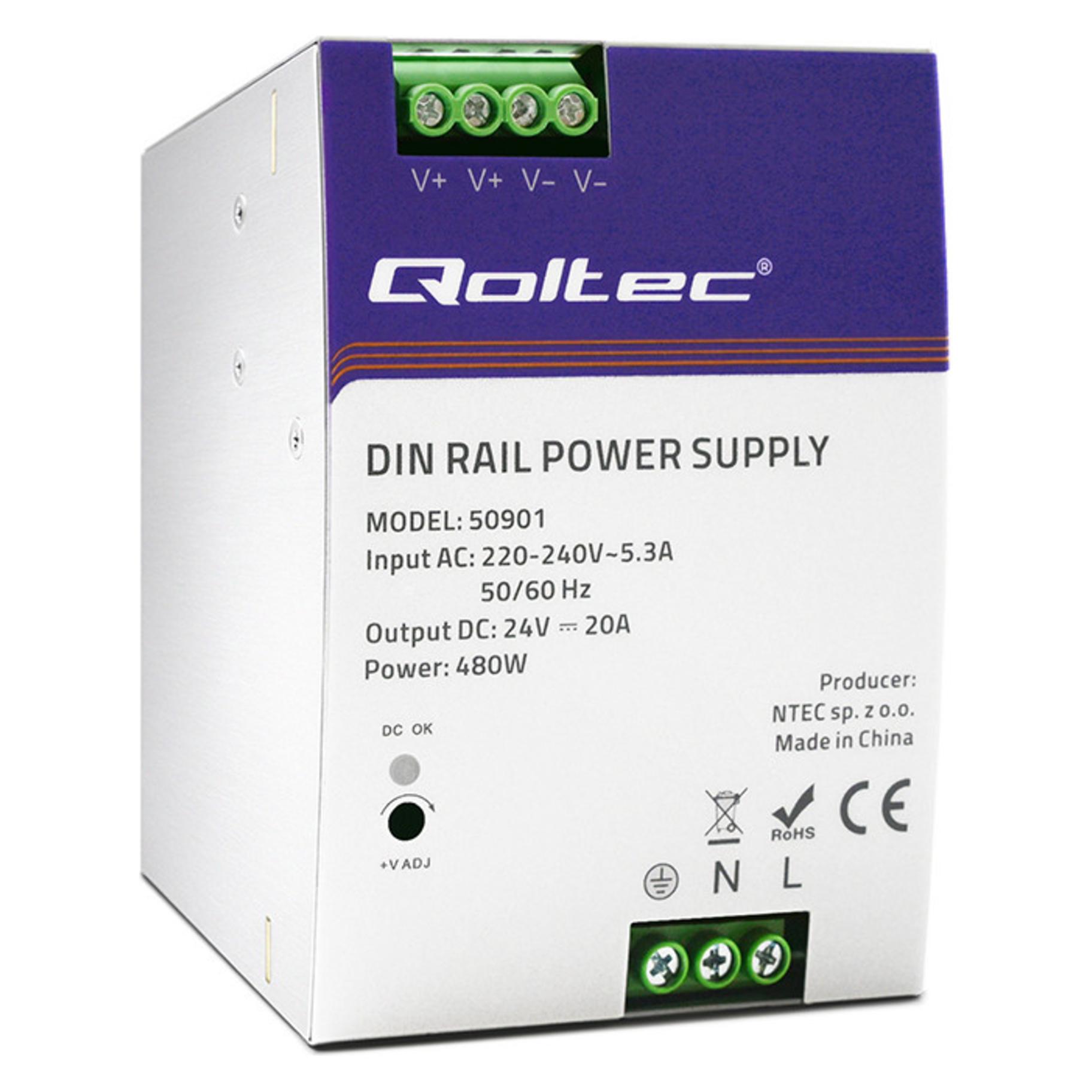 Qoltec 50901 Industrielles DIN-Schienen-Netzteil | 480W | 24V | 20A (480 W) (50901)