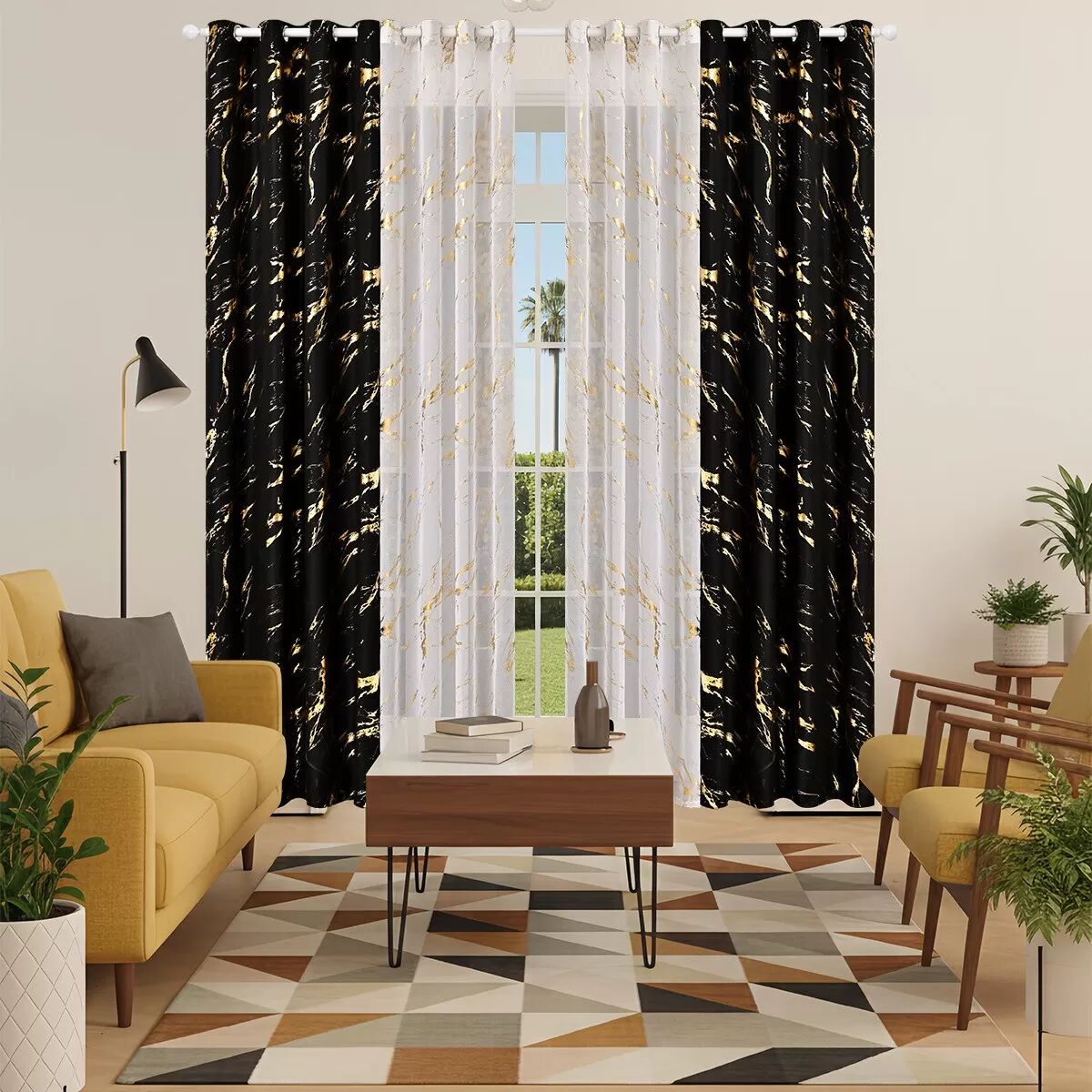 INF 132x213cm Heißsilber Prägung Verdunkelungsvorhang Set - Marmordruck, Lichtblockierung für Wohn- & Schlafzimmer Schwarz