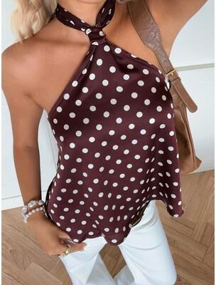 Universal Stock Vintage Polka Dot Halter Top For Women Lightweight Summer Sleeveless Tie Neck Blouse coffee xl