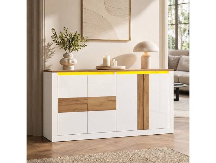 Buffet moderne Buffet bahut eclairage LED Buffet de salon avec 4 portes Armoire de Cuisine