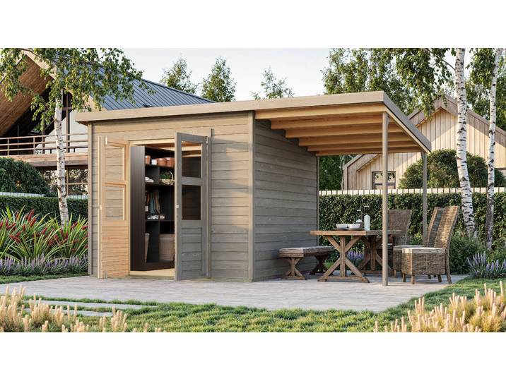 Gartenhaus KARIBU Merseburg 6 vorvergraut mit Anbaudach , grau (vorvergraut), ohne Fußboden, ohne Rück- und Seitenwand, Holzwerkstoff, Gartenhäuser, Gartenhaus, aus Fichtenholz, farbig lasiert