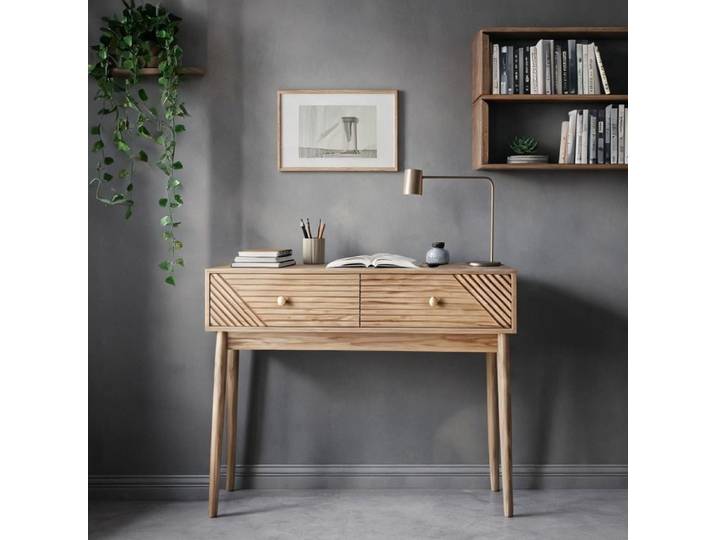 Console mi-siècle à 2 tiroirs en MDF finition chêne 100x35x80 cm pour entrée ou salon