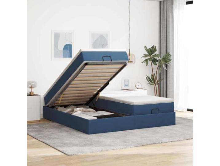 RJPLMFV Bettgestell Ottoman mit Matratze, Blau, 180 x 200 cm Hydraulische Aufbewahrung, Taschenfedern, Polyestergewebe, 2 unabhängige Lattenroste