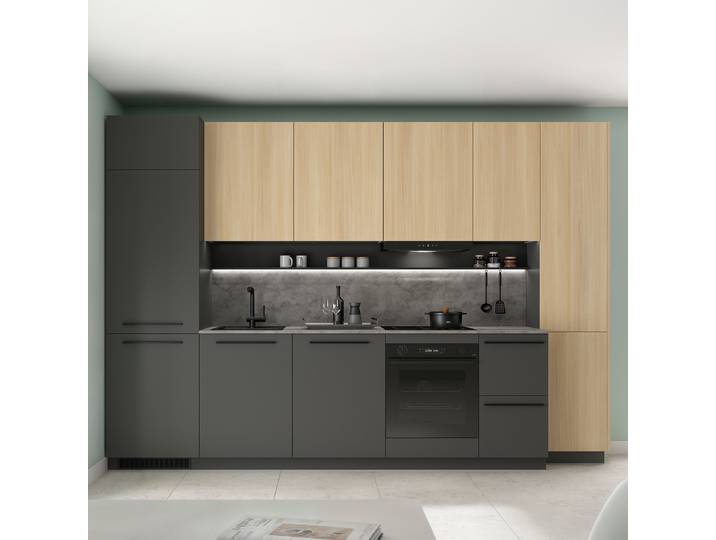 Kitchenette avec meuble haut 345cm Gris/Imitation chêne clair/Graphite