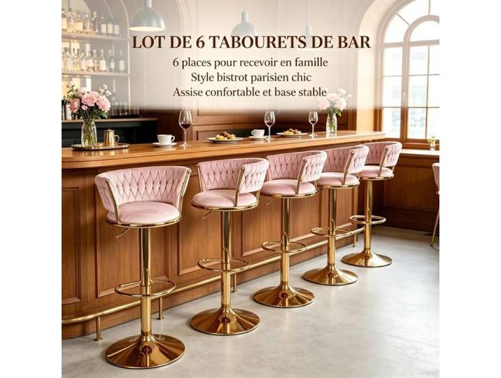 PIPIPOXER Lot de 6 Tabouret de bar velours tressé dorée chaise comptoir réglable pivot 360° mobilier café institut de salon