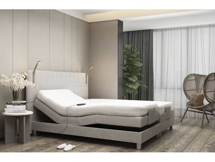 Boxspringbett, Microvelours, Grau, 218×211 cm, Mit Motor & LED-Beleuchtung, Westfalia Schlafkomfort