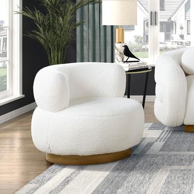 Luxurious Living Room Round Chair With Swivel Motion Soft White Fabric Upholstered Gold Accent Solid Wood Furniture 1Pc