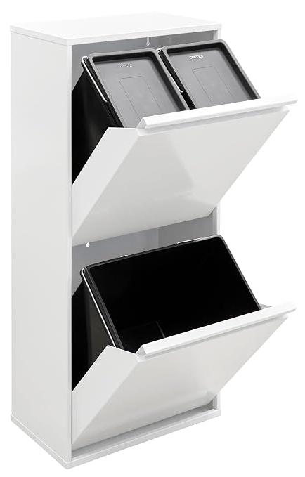 Basic CR401-B Mülltrennsystem aus Stahl | 3 Fächer Mülleimer für die Küche | 3 Fach Abfalleimer | 11+11+23 L (45 L) | Herausnehmbare Inneneimer | Recycling Schrank für Mülltrennung | weiß