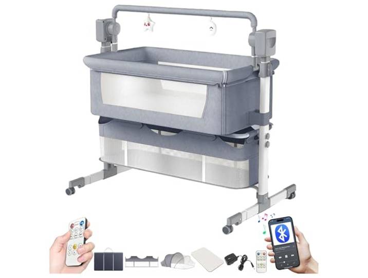Magic ZC Elektrische Bluetooth Intelligent Beistellbett Baby mit Rollen, Faltbar Co-Sleeping Babybett, Fernbedienung und 5-schwankende Zahnräder, Stubenwagen Kleinkind Wiege mit Musik (601 Mid Grey)