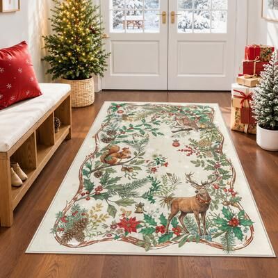BLUEBELL Washable Christmas Woodland Animal Area Rug & Runner, Non-Slip Low-Pile Holiday Floor Mat