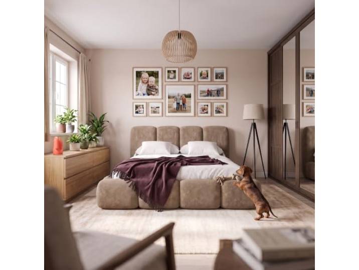 Muffo Polsterbett mit Bettkasten 140x200 Beige Doppelbett, Stauraum, Metalllattenrost, Hebemechanismus, gepolstertes Kopfteil, Lumo, ohne Matratze