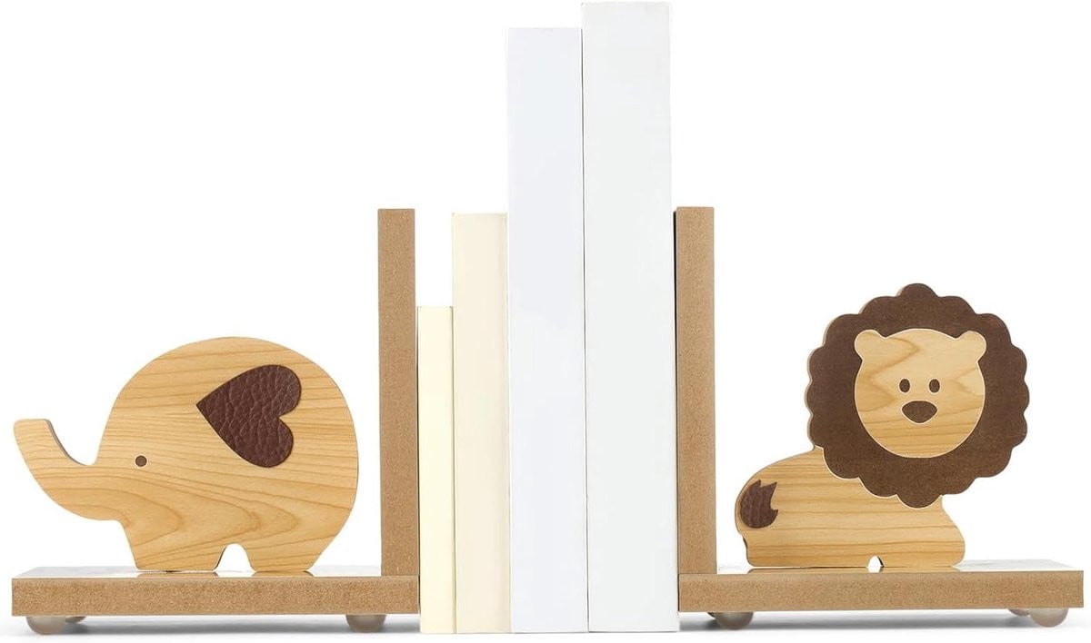 Houten Boekensteunen met Safari Dier Ontwerp - Houtkleur - B/D/H: 17 x 16 x 10 cm