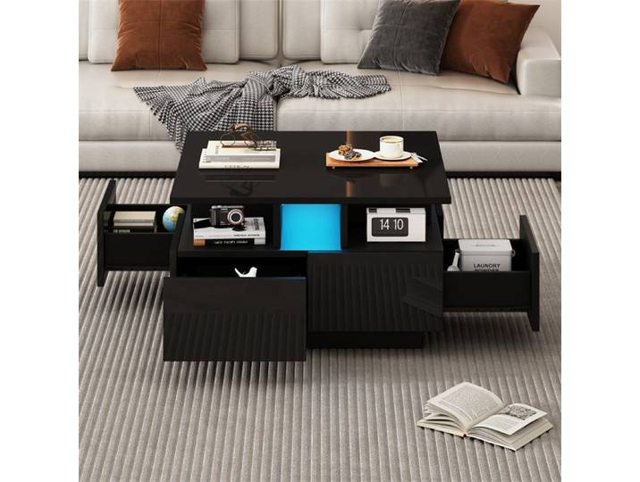 Table Basse Carrée avec LED et 4 Tiroirs Petite Table Basse Salon Table Basse Noir Haute Brillance Table D'Appoint 70x70x40cm