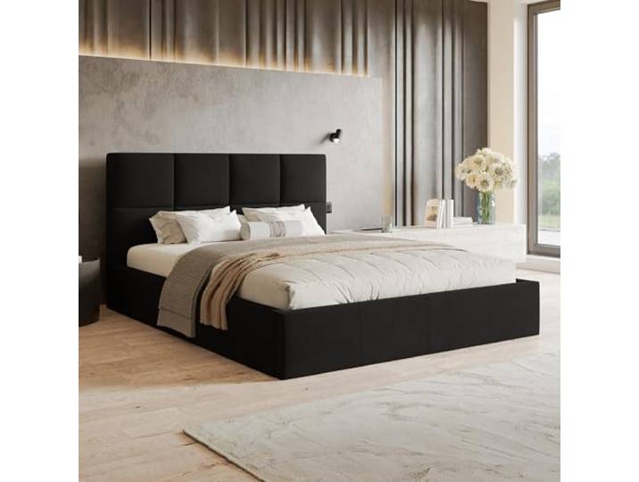 MOTIVENA Star Bett 180x200 Schwarz Samt, mit Stauraum, mit Kopfteil, mit Lattenrost, ohne Füße, ohne Matratze, Polsterbett 180x200 mit Bettkasten Schwarz
