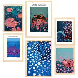 POSTER Set Mit 6 Kusama Fisch A3 & A4 Rahmen Aus Hellem Holz
