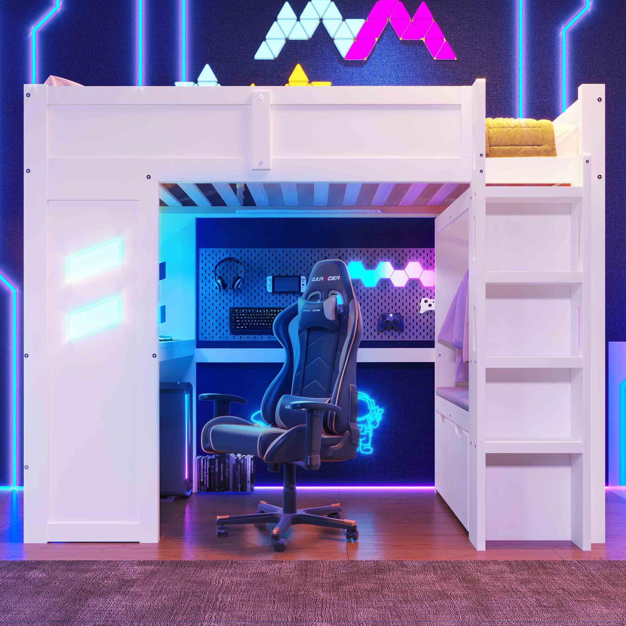 Hochbett, 90x200cm, Gaming Bett mit Schreibtisch, Mit LED-Leuchten, 1 USB-Anschlüssen, 1 Typ-C ausgestattet, Leiter, Schreibtisch, Schublade