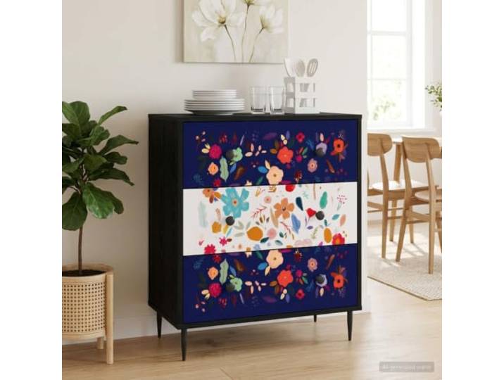 Kommode Schwarz 66 x 36,5 x 76 cm, mit 3 Schubladen Blumenmuster Holzwerkstoff mit Blumenmuster, pulverbeschichtete Stahlgriffe, erhöhte Füße, für Schlaf- und Wohnzimmer