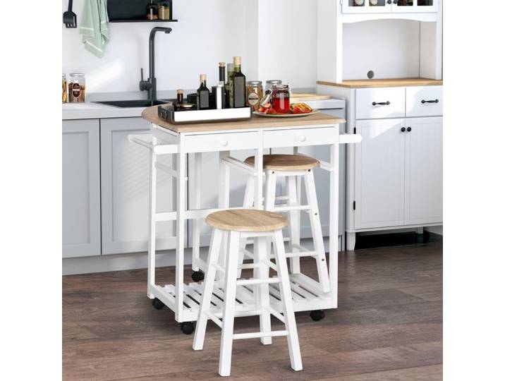 Ensemble table de bar - AKOZON - 6957 - Pliable avec rallonge - 2 tiroirs et étagère - 2 tabourets