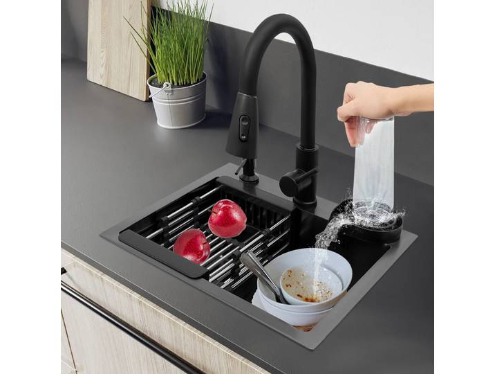Évier de cuisine en acier inoxydable 201, évier de cuisine noir avec 360 ° Robinet extractible rotatif, évier commercial multifonctionnel