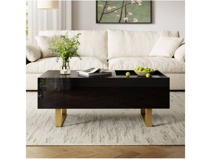 COVREO Table basse relevable 100 x 50 cm MDF noir brillant avec tiroir et pieds dorés