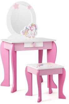 Costway Kids Wooden Makeup Dressing Table and Chair Set with Mirror and Drawer-Pink