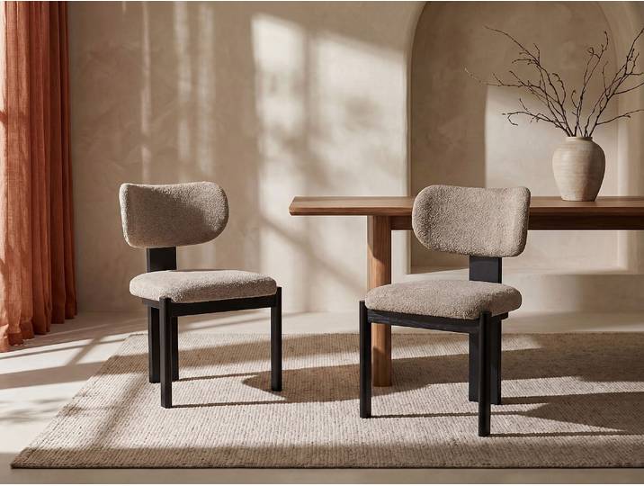 Stuhl 6er-Set - Bouclé-Stoff & Kautschukholz - Taupe & Schwarz - WILANA