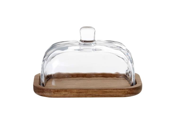 Butterdose aus Glas mit Holztablett