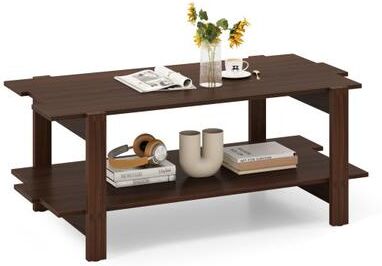 Costway 2-Tier Coffee Table Slatted Wood Center Table with Storage Shelf-Walnut
