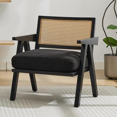 Garvee Accent Chair Mid Century Modern, Comfy Living Room Chairs with Sturdy Wood Legs, Rattan Backrest