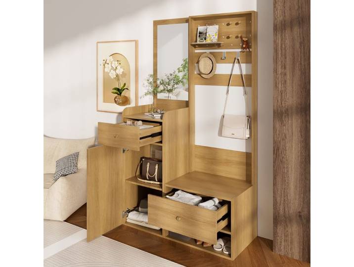 BEL Armoire Compacte Entrée Multifonction 105cm Bois Miroir Crochets Réglables Chaussures