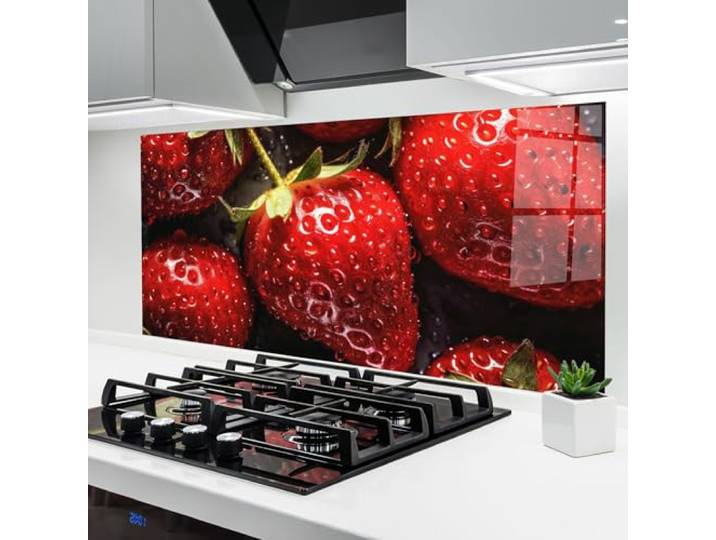 ARTHUB® Küchenrückwand aus Glas 60x120 cm, Wet Strawberries Spritzschutz, Fliesenspiegel, Glasplatte, Herdspritzschutz, Wandschutz für Herd, Küche, Hartglas, Lebensmittel, Früchte