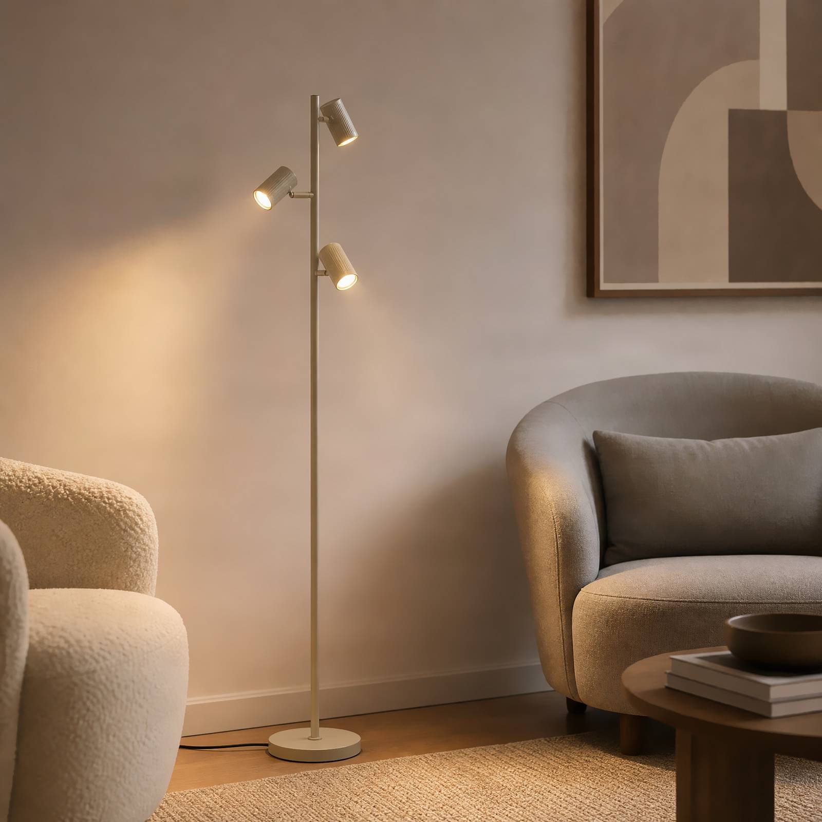 Stehlampe Kardis Lindby, creme / amber, für Wohn- / Esszimmer, Metall, Modern, Stehlampe