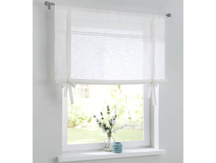 Bindegardine KUTTI Vicky, 1 Stück, Stangendurchzug, halbtransparent, Leinenstruktur Gr. 2, weiß (sanftes weiß), B:60cm H:100cm, Leinenstruktur, Baumwolle, Gardinen, Bindegardine, Bindegardine Baumwolle, feine Stickerei, Schleifenbänder zum Raffen