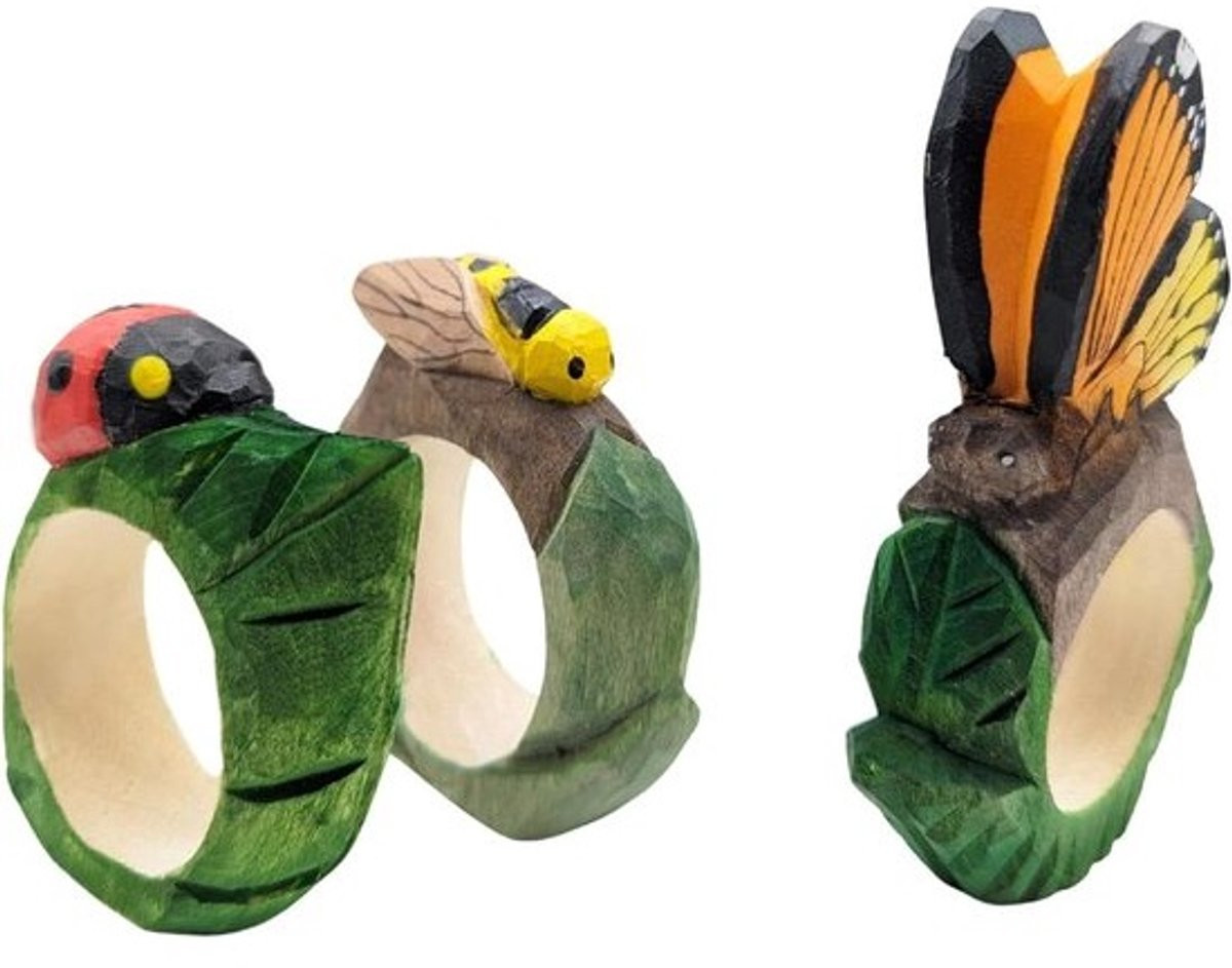 Set van 3 handgesneden en beschilderde houten servetringen met dierdesign in multicolor
