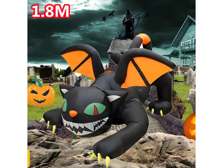 Modèle de chat noir gonflable d'Halloween avec lumière LED, grand décor de jardin extérieur de Noël, accessoire d'horreur de cour de vacances, 1.8m, 6 pieds