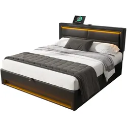 Polsterbett 140x200 mit LED-Beleuchtung, USB-Anschlüssen, Stauraum, stabilem Lattenrost, modernes Multifunktionsbett, Schwarz