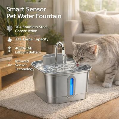 Uplift Essentials Wireless Rechargeable Stainless Steel Cat Water Fountain + 6p Replacement Filters