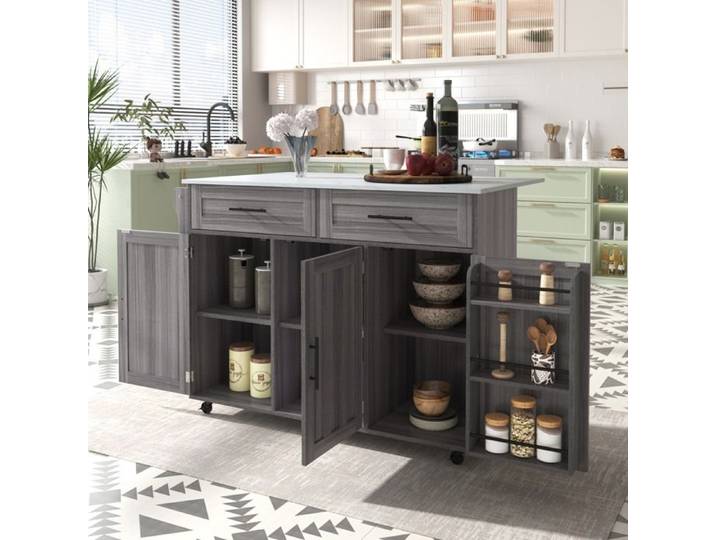 Desserte de cuisine à roulettes 129x46-71x91cm Îlot central Chariot de cuisine avec plan de travail extensible 2 tiroirs 3 portes