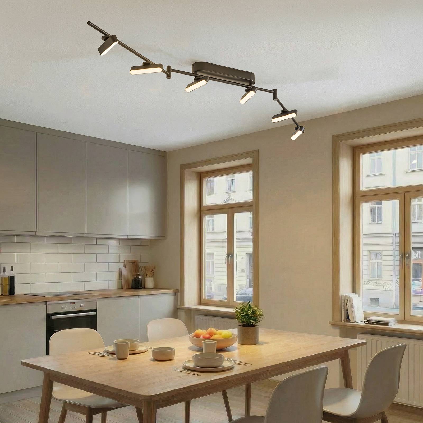 Lindby Eldrin LED spotlight, black, 6-bulb, batten light Lindby, dimmable, Black, Living / Dining Room, metal, Modern, Ceiling Light