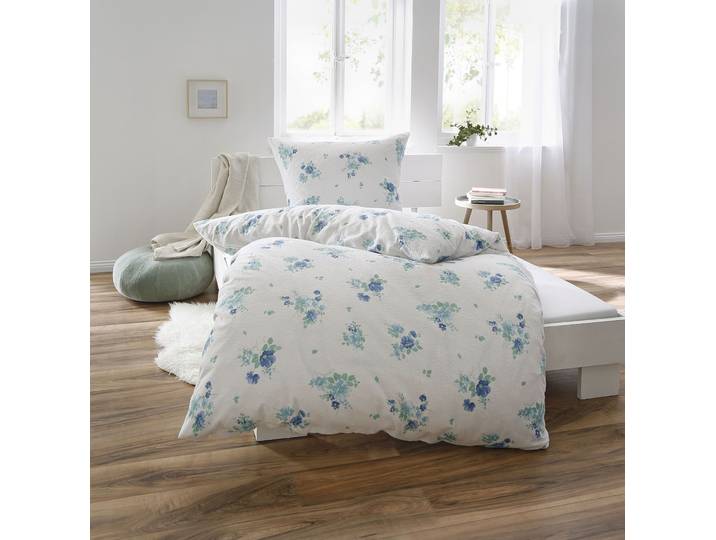 Bettwäsche DYCKHOFF Blaue Lein Blume , weiss (weiß, blau), B/L: 135cm x 200cm, 1 Stk., 1 Stk., Frottee, B/L: 80cm x 80cm, 2 Stk., Frottee, Obermaterial: 75% Baumwolle, 25% Polyester, Bettwäsche, Bettwäsche, aus Weichfrottier