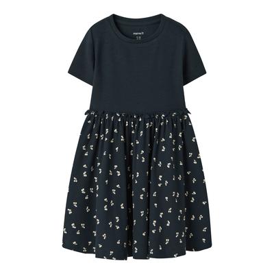 Jerseykleid NAME IT "NMFHAISY SS DRESS PB", Mädchen, Gr. 110, N-Gr, Kurzarm, Jersey, blau (salute), Jersey, Obermaterial: 95% Baumwolle, 5% Elasthan, bedruckt, unifarben, bequem, Rundhals, Kleider Jerseykleid