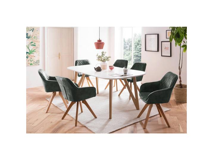 Mid.you Tischgruppe, Weiß, Dunkelgrün, Holz, Buche, Eiche, massiv, Raute, oval, Stativgestell, 90x76x180 cm, Esszimmer, Tische, Esstische