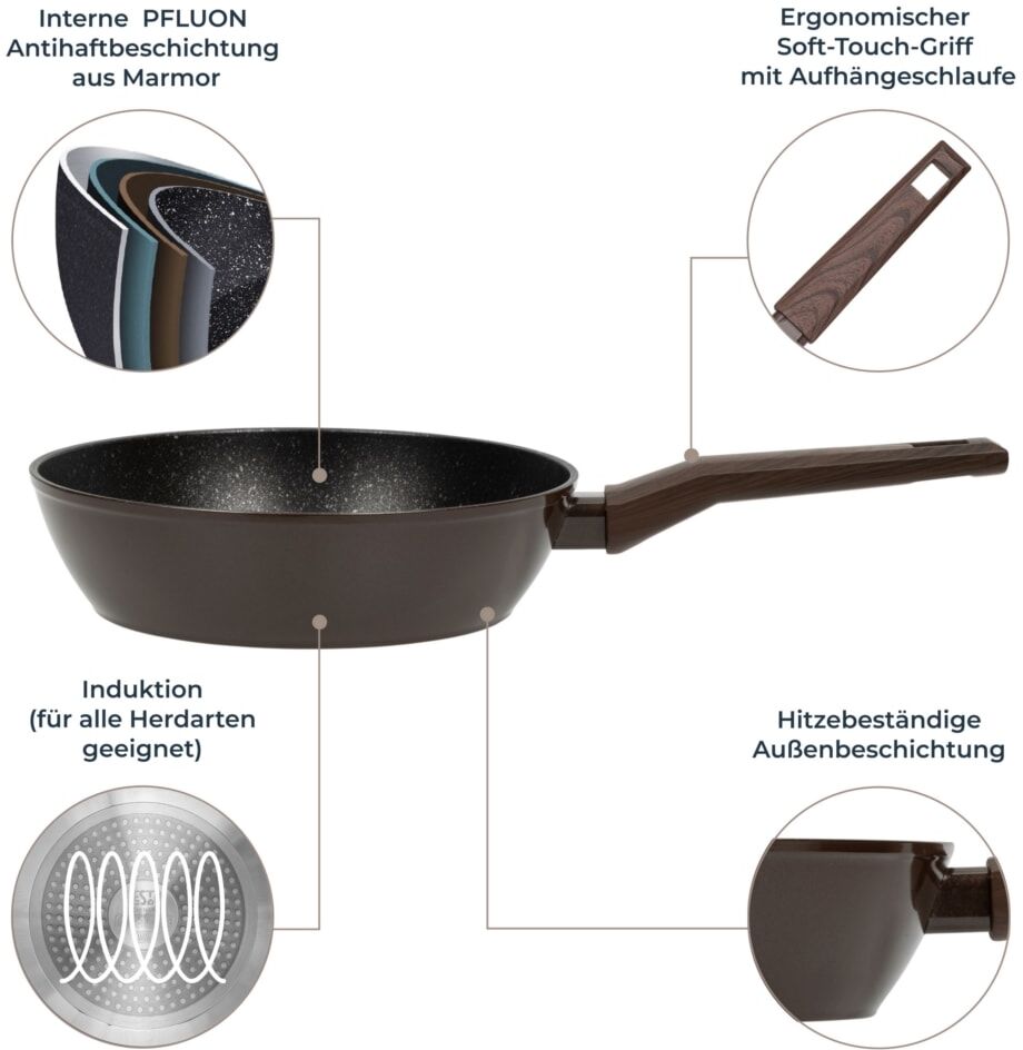 Bratpfanne RESTO KITCHENWARE "Carina, tiefe Schmorpfanne mit holzähnlichem Soft-Touch-Griff", schwarz, H:6,8cm L:44cm Ø:24cm, Pfannen, Bratpfanne, mit Marmor-Antihaftbeschichtung, 4-lagig, für alle Herdarten geeignet