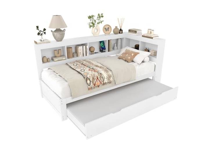 SOFTWEARY Jugendbett mit Lattenrost, Regal, USB Anschlüssen und Steckdosen, Einzelbett, Holzbett (mit Gästebett, 90x200 cm)