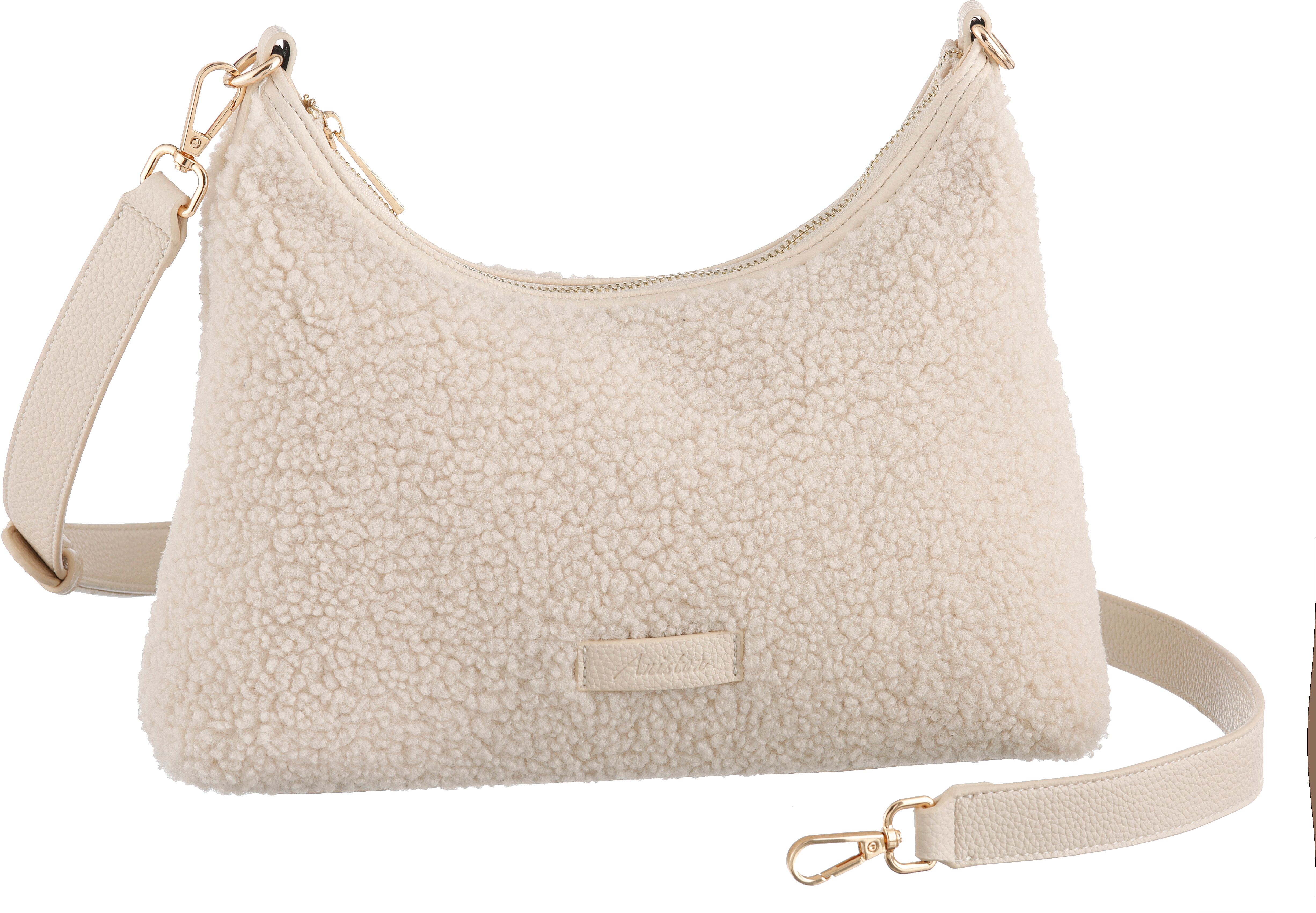 Umhängetasche ANISTON ACCESSOIRES, Damen, Gr. B/H/T: 30cm x 20cm x 8cm, beige, Textil, Taschen Umhängetasche, Handtasche, Schultertasche in Teddy-Optik