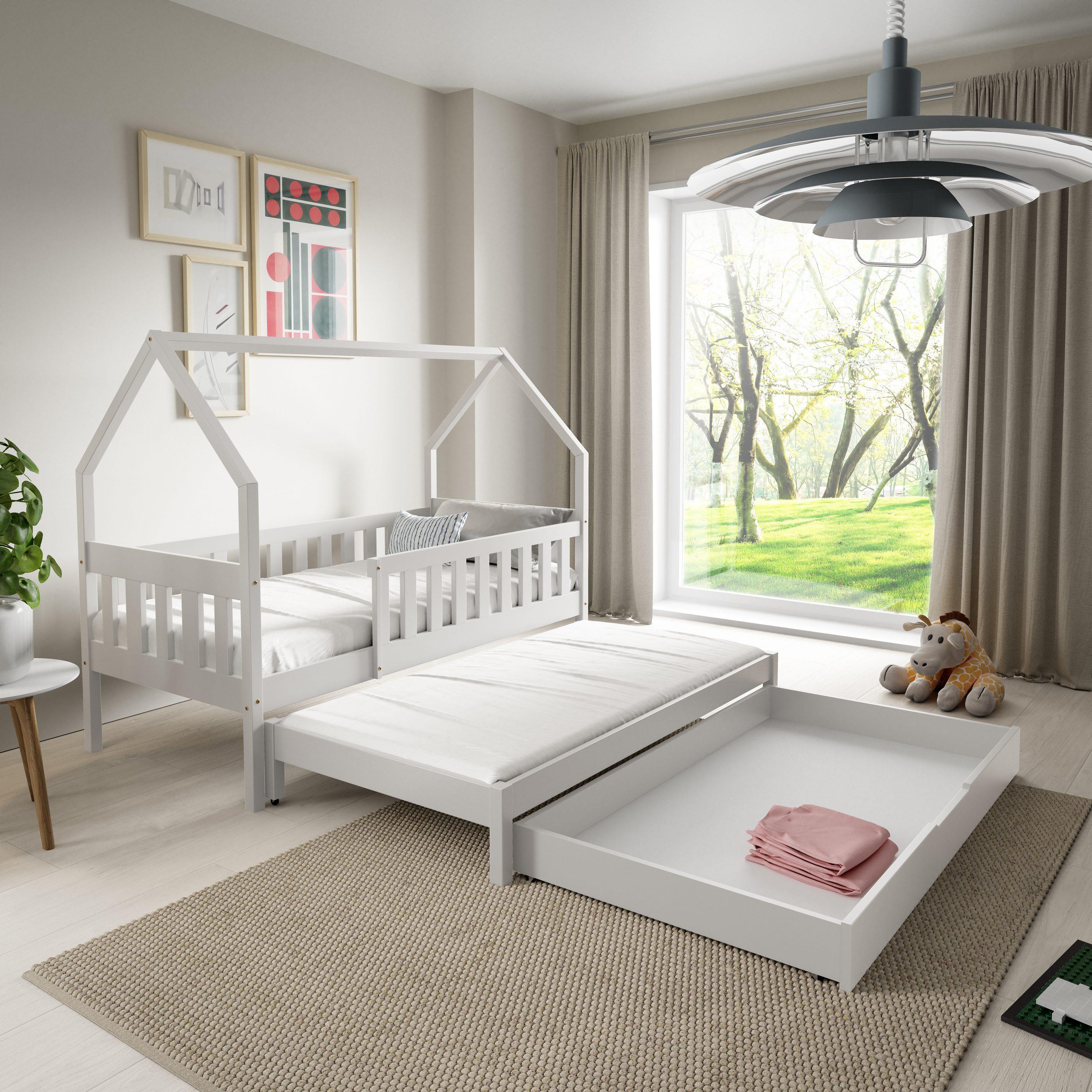 Masseno Kinderbett BAMBINA 80x160 cm mit Schublade, Rausfallschutz, Doppelbett für Mädchen und Jungs, Hausbett für Kinder, Holz, Weiß