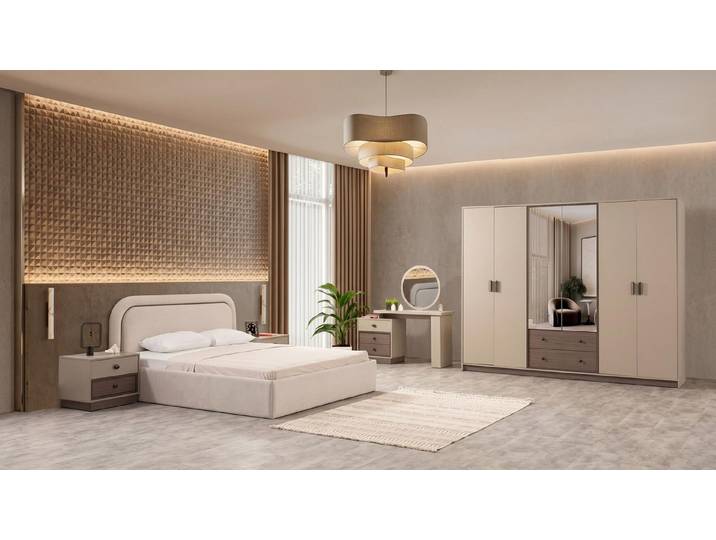JVmoebel Komplettschlafzimmer Beiges Schlafzimmer-Set Bett, Kleiderschrank, Nachttische, Tisch, (5-tlg), Made in Europa
