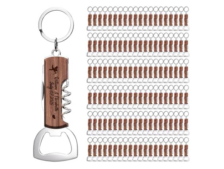 120 STÜCK Personalisierte Multifunktionale Flaschenöffner aus Rosenholz, Maßgeschneiderte Gastgeschenke für Hochzeiten und Geburtstagsfeiern, Gravierte Flaschenöffner-Schlüsselanhänger für Gäste
