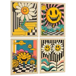 POSTER 4er Kunstdruck-Set Wandbilder Smiley Acid House modern Wohnzimmer Deko, Schlafzimmer, Küche, Badezimmer Leichter Holzrahmen A4